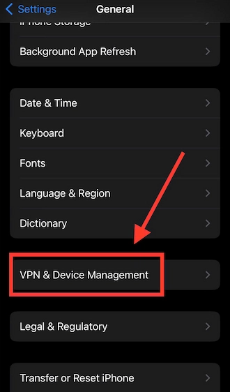 🔆 Step 4: Select "VPN and device management".