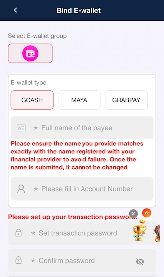 🔆Step 3: Fill in the account holder's name and e-wallet account number.